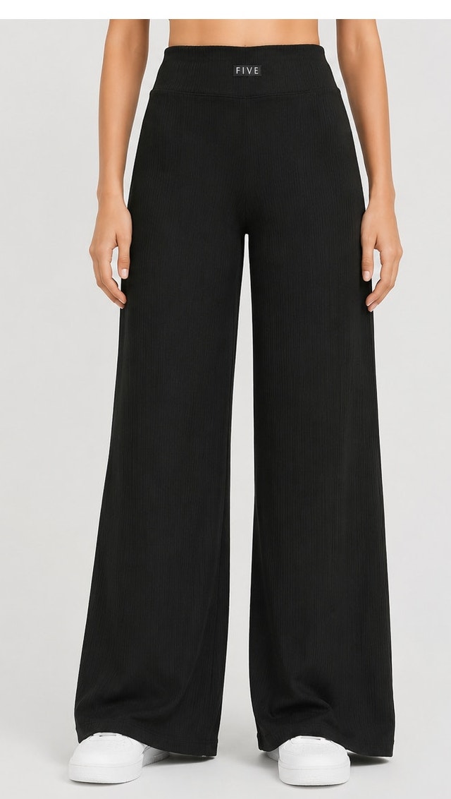 Five The Label Ribbed Hugh Waist Wide Leg Pants Black Womens Small Nwot